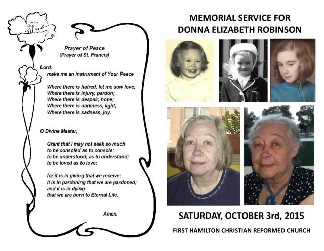 Bulletin from Donna Robinson's Funeral Service